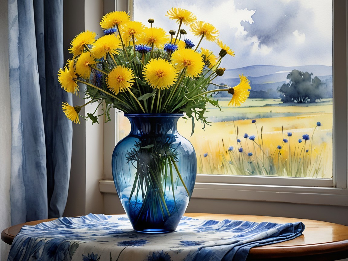 Vibrant Blue Vase with Yellow Dandelions and Cornflowers