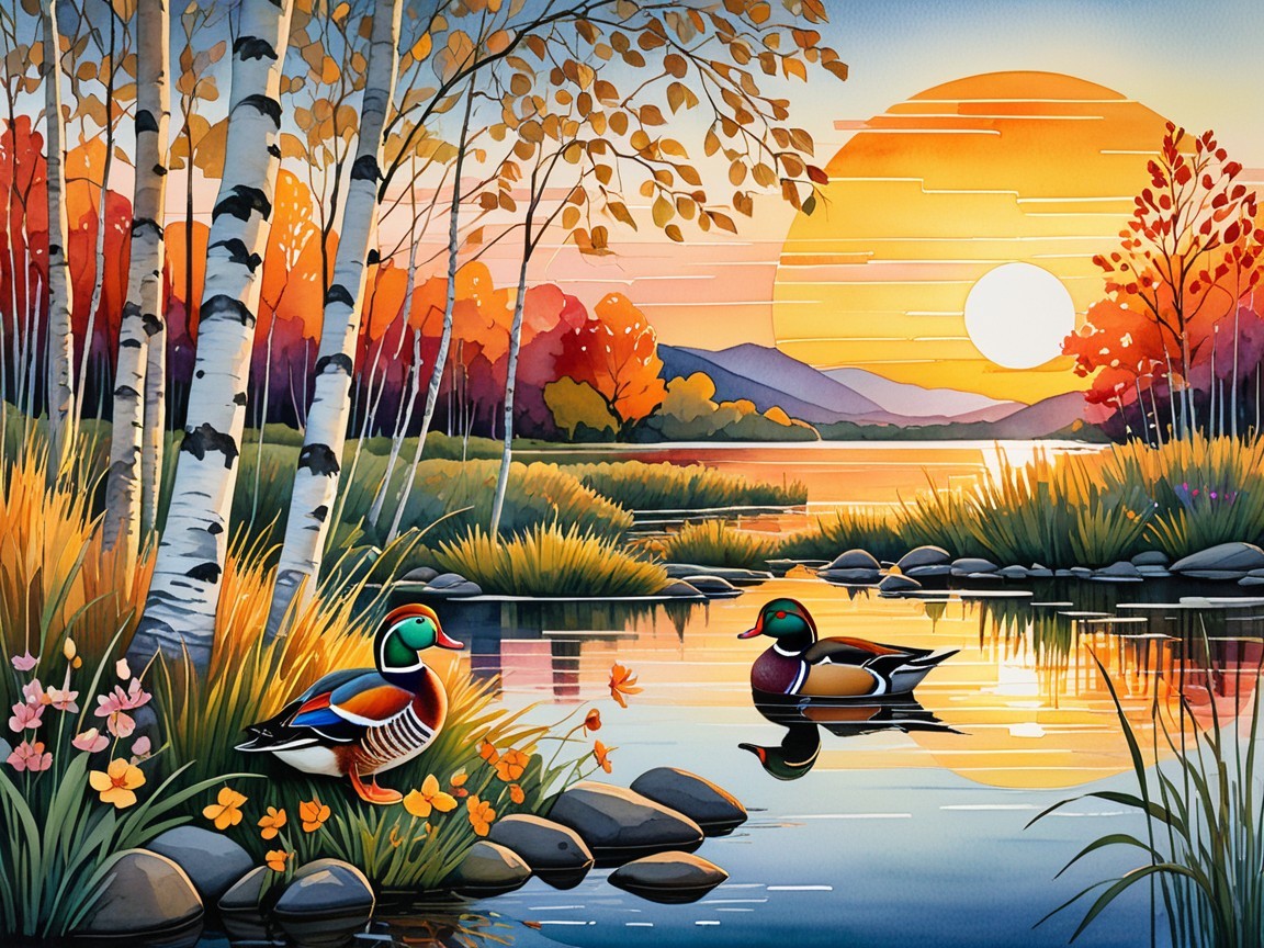 Autumn Landscape with Ducks on a Calm Lake