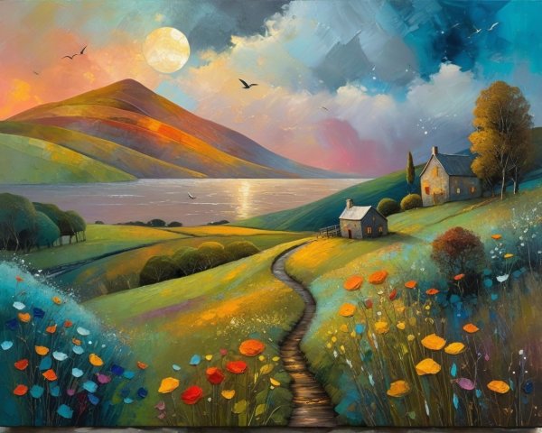 Vibrant landscape with sunset, cottages, and wildflowers