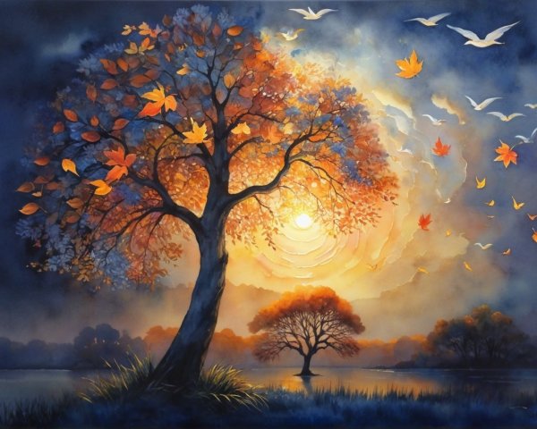 Autumn Landscape with Trees and Sunset Reflections