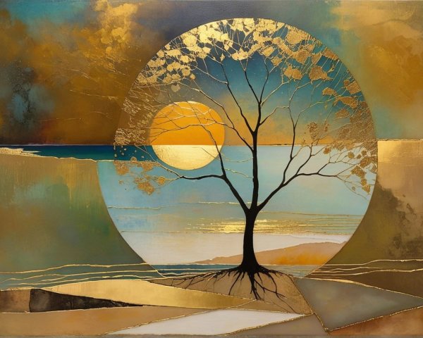 Golden tree within circular frame at sunset backdrop