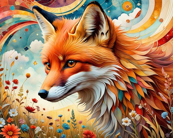 Vibrant Fox Illustration with Colorful Floral Background