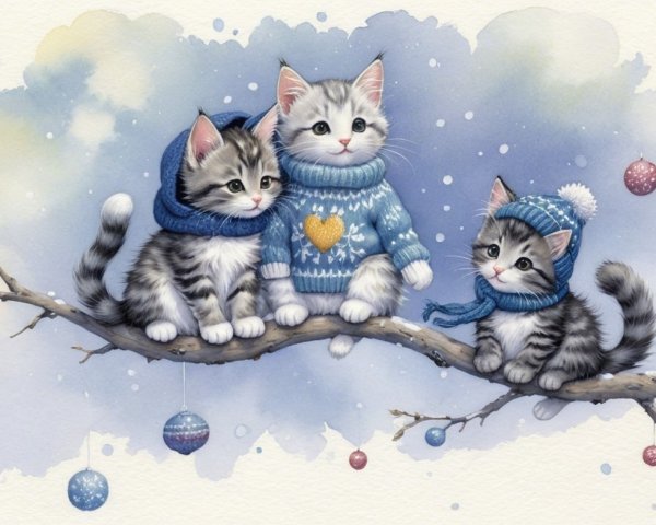 Kittens in Winter Sweaters on Snowy Branch