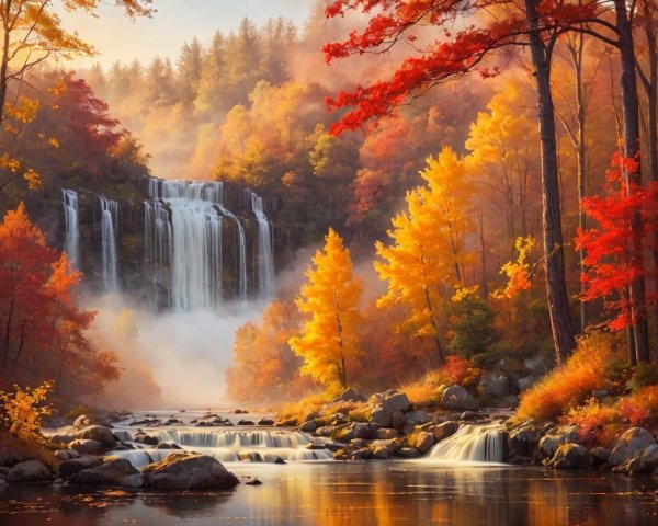 Autumn Landscape with Waterfall and Colorful Foliage