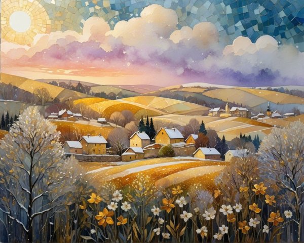 Picturesque Rural Landscape with Rolling Hills and Cottages