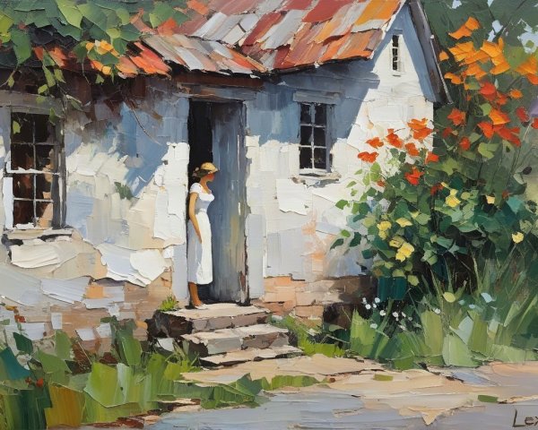 Serene Countryside Scene with White House and Flowers