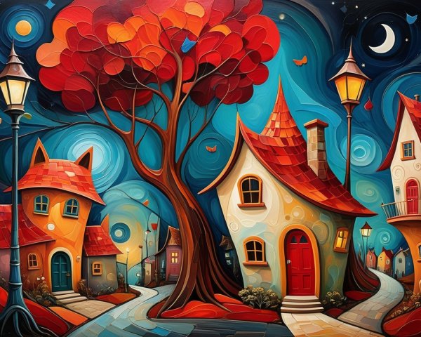 Fantasy Village Night Scene with Colorful Houses
