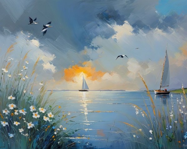 Serene Seascape with Sailboats and Vibrant Sunset