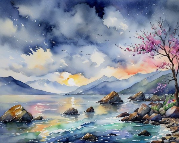 Tranquil Lake Sunset Landscape with Cherry Blossom
