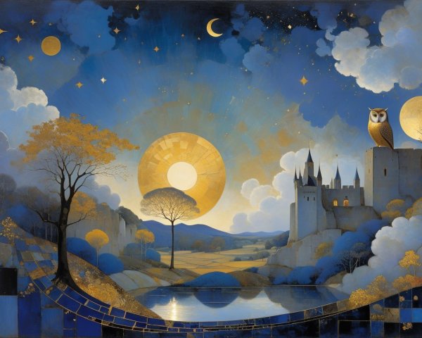 Twilight Landscape with Castle and Owl by River