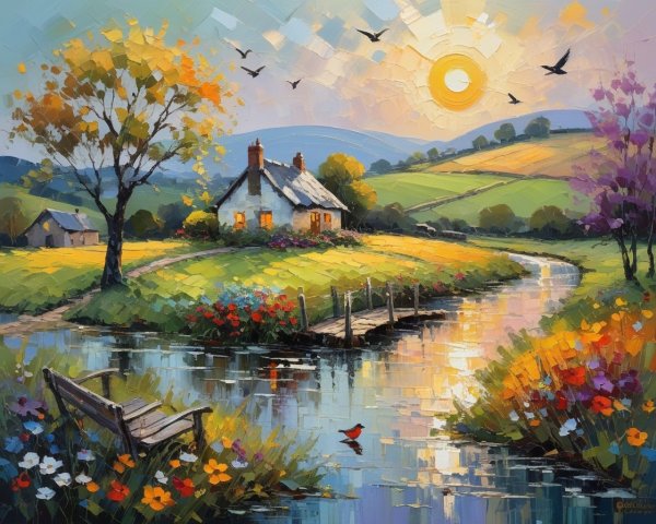 Cozy Cottage in Vibrant Autumn Landscape Scene