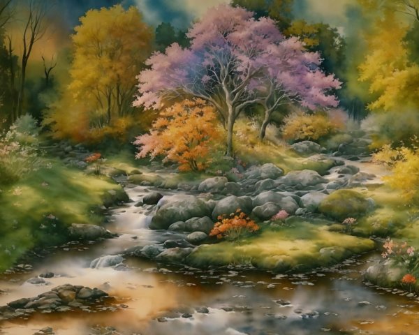 Serene Landscape with Flowing Stream and Vibrant Foliage