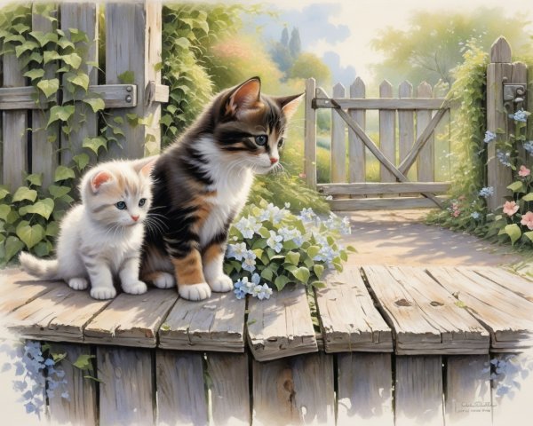 Kittens on a Wooden Fence Surrounded by Flowers