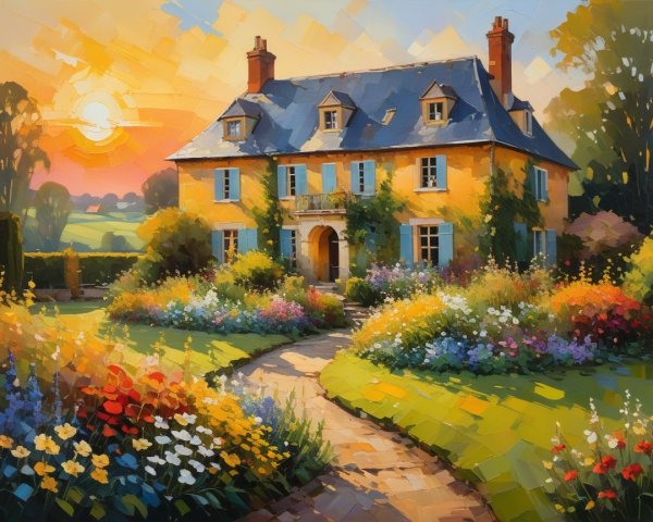 Charming Yellow House with Blue Roof and Garden