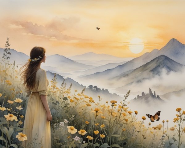 Serene Sunset Landscape with Young Woman and Wildflowers