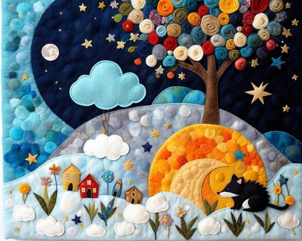 Whimsical Textile Art of a Colorful Tree and Landscape
