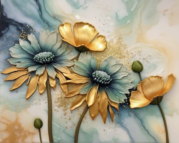Floral Composition with Blue and Gold Textured Flowers