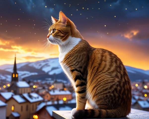 Tabby Cat on Ledge Overlooking Snowy Town at Sunset