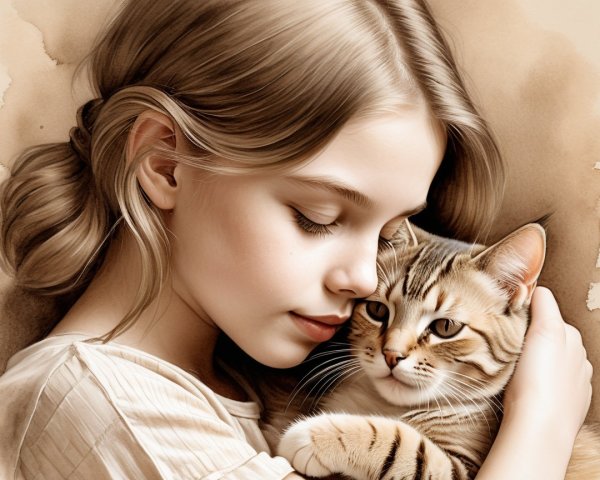 Young girl embraces striped cat in serene moment