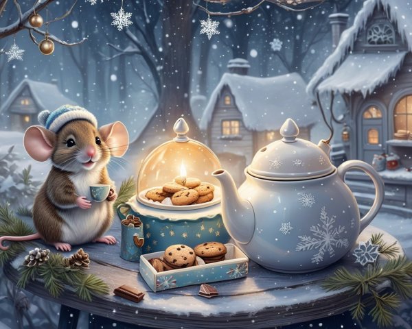 Whimsical Winter Scene with Mouse and Tea Setup