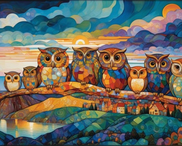 Colorful Illustration of Nine Owls on a Hillside