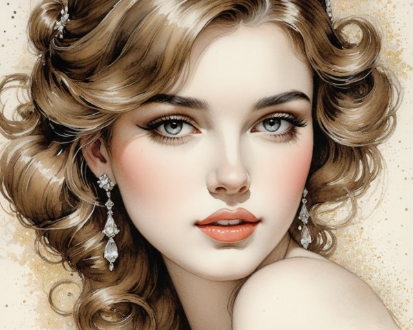 Watercolor portrait of a young woman with crystals