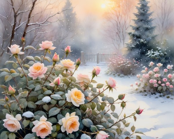 Winter Garden with Snow-Dusted Blooming Roses