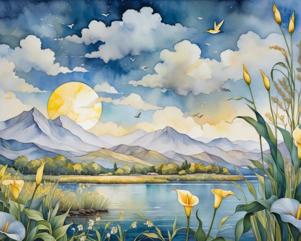 Serene Landscape with Mountains, Lake, and Calla Lilies