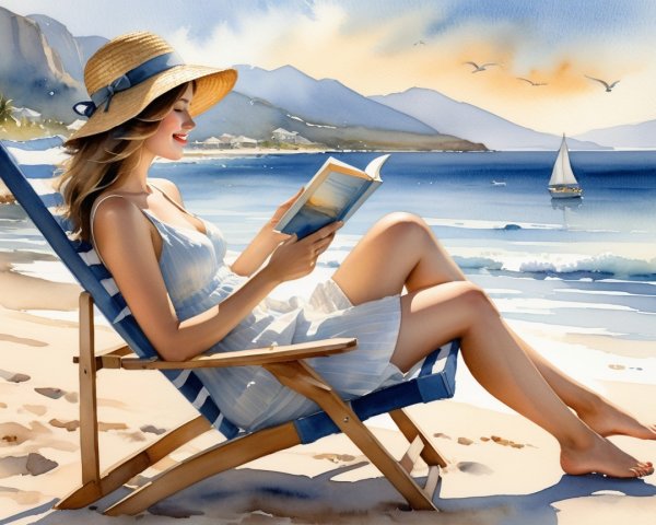 Serene Beach Scene with Woman Reading in Sunlight