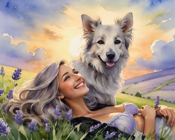 Woman and Dog in Lavender Fields at Sunset