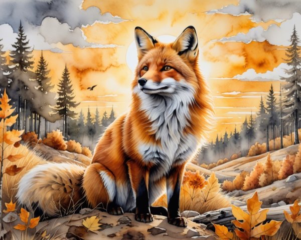 Majestic fox in autumn landscape at sunset