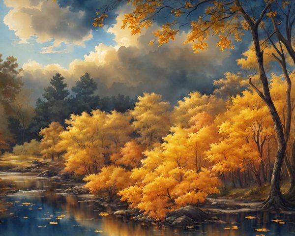 Autumn Landscape with Golden Foliage and Tranquil River