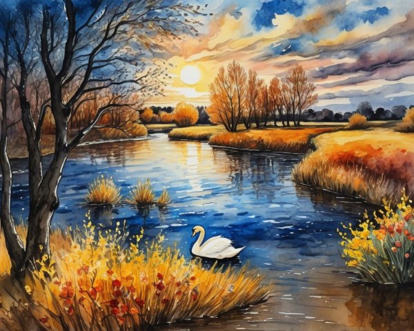 Tranquil Riverscape at Sunset with Silhouetted Trees
