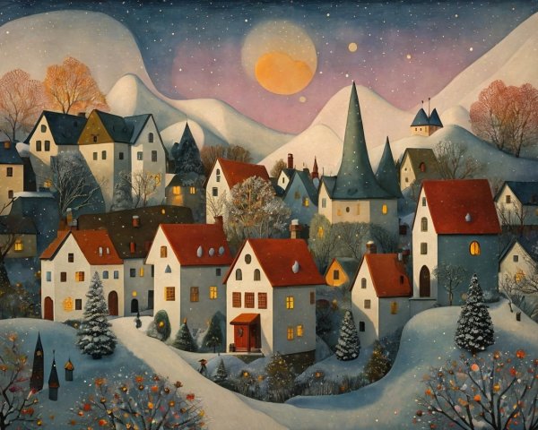 Winter Village Scene with Moonlight and Snowflakes