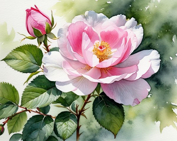 Watercolor Painting of a Blooming Pink Rose