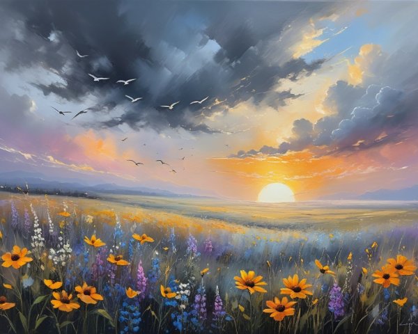 Vibrant Sunset Over Wildflower Field and Mountains