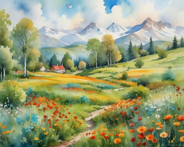 Vibrant Landscape with Hills, Wildflowers, and Mountains