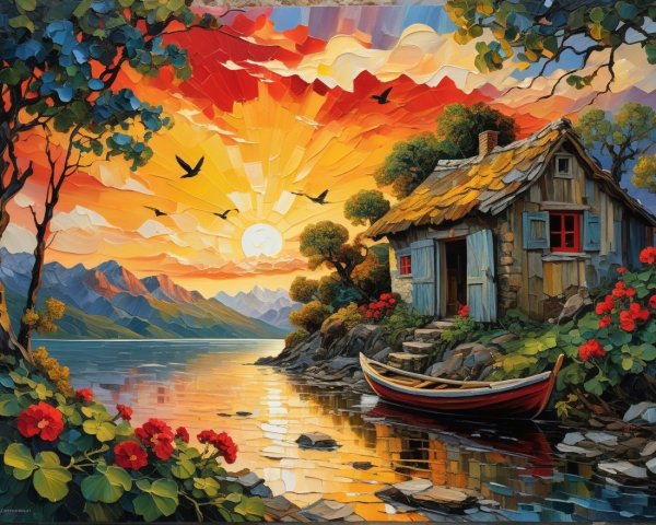 Vibrant Sunset Over Cottage by Tranquil Lake