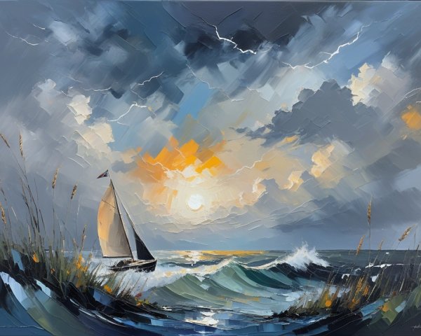Vibrant Seascape with Sailing Boat and Dramatic Sky