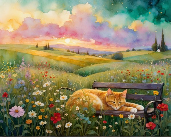 Watercolor Landscape with Cat on Park Bench