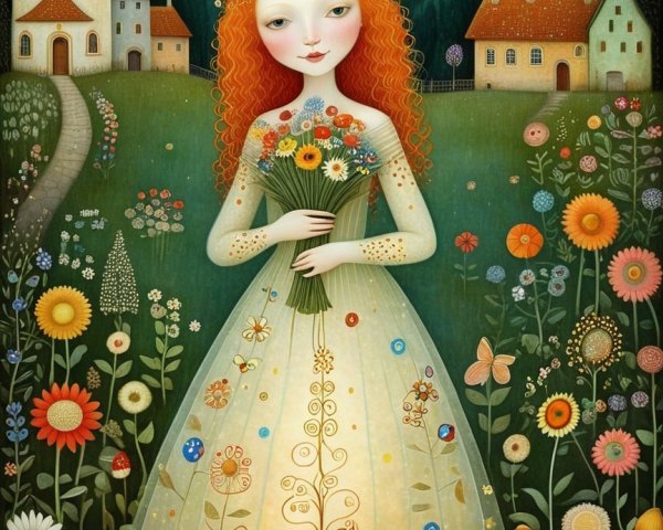 Whimsical Illustration of Girl in Flower Field