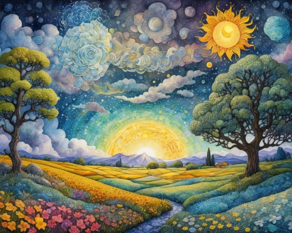 Vibrant Landscape with Colorful Flowers and Cosmic Sky