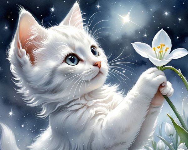 Fluffy White Kitten with Flower Under Starry Sky