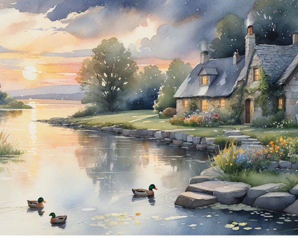 Watercolor Painting of Lakeside Village at Sunset