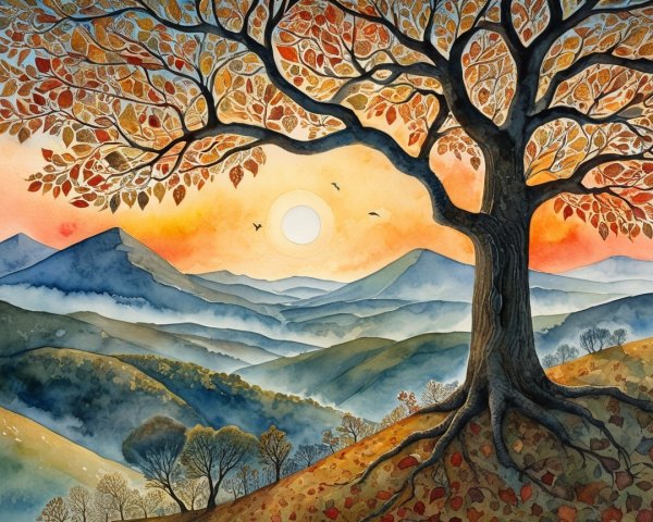Majestic tree with autumn leaves at sunset landscape