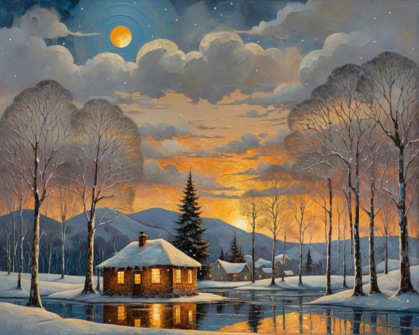 Vibrant Oil Painting of a Winter Landscape at Twilight