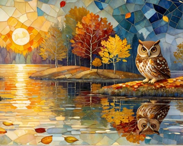 Stained Glass Depiction of Sunset Over a Lake
