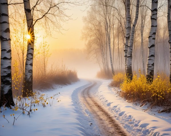 Tranquil Winter Landscape with Snowy Road and Sunrise