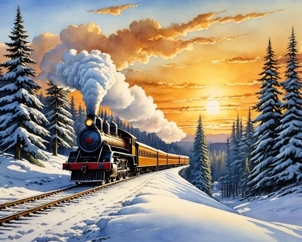 Vintage Steam Locomotive in a Snowy Winter Landscape