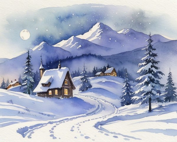 Serene Winter Landscape with Snowy Mountains and Cottages